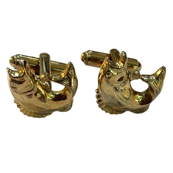 Vintage Mid Century Goldtone Cufflinks Swordfish Fishing Novelty Jewelry for Man - Picture 2 of 5
